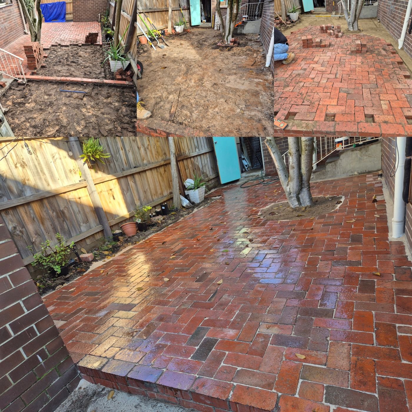 Before and after: bare dirt courtyard transformed into a recycled red brick courtyard