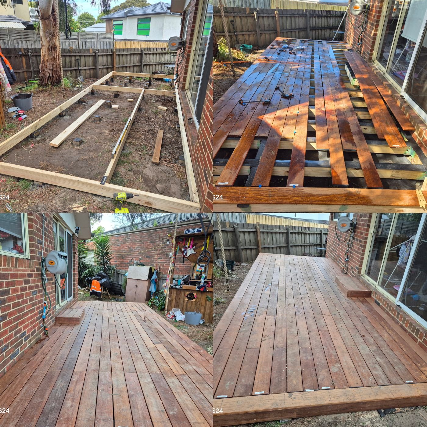 Before and after: timber subframe and the finished merbau deck along a brick home