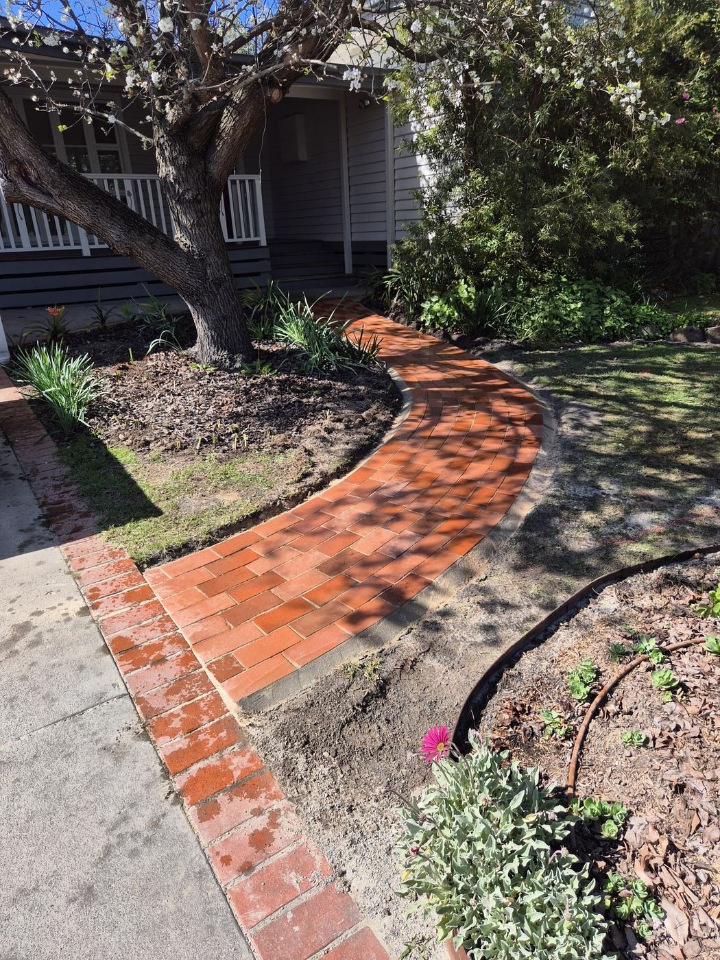 Curved brick path with soldier edge